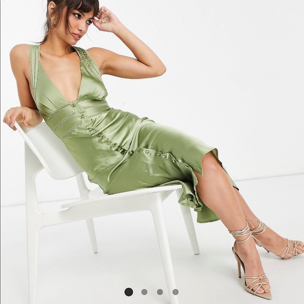 ASOS NWT satin midi dress with button front and lace insert in olive